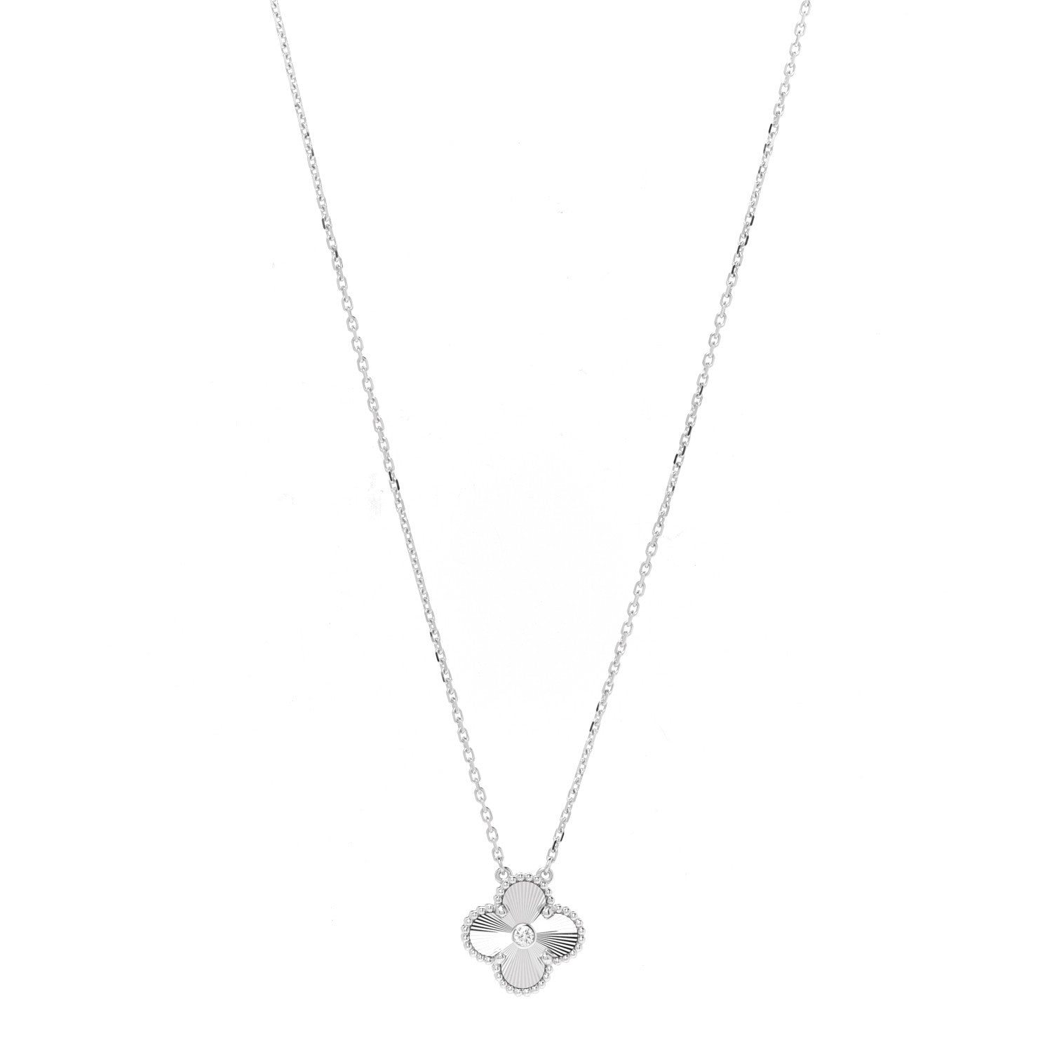 Van Cleef & Arpels 18K White Gold Diamond Guilloche Vintage Alhambra Pendant Necklace 1 of 6