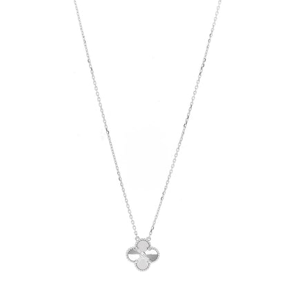 Van Cleef & Arpels 18K White Gold Diamond Guilloche Vintage Alhambra Pendant Necklace 1 of 6