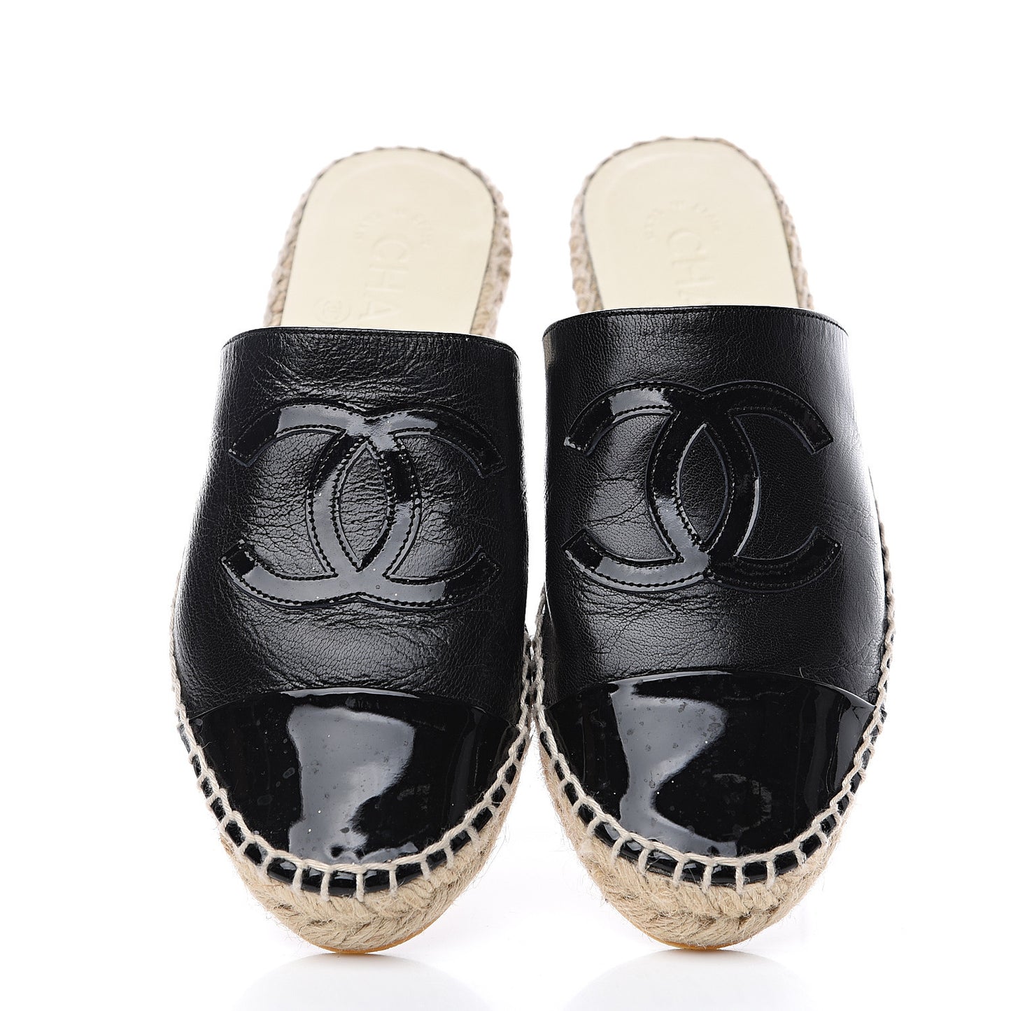 Goatskin Patent Calfskin CC Espadrille Mules 34 Black