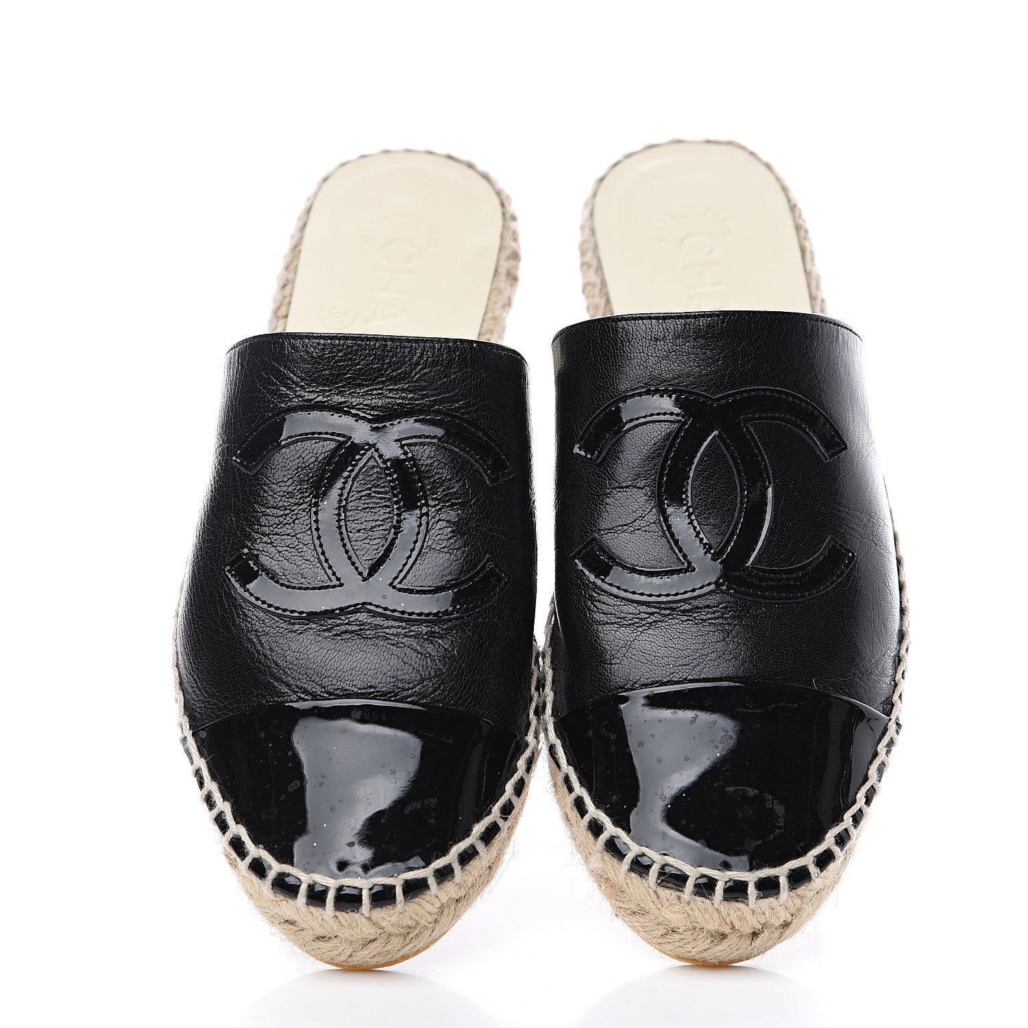 Chanel Goatskin Patent Calfskin CC Espadrille Mules 34 Black 5 of 13