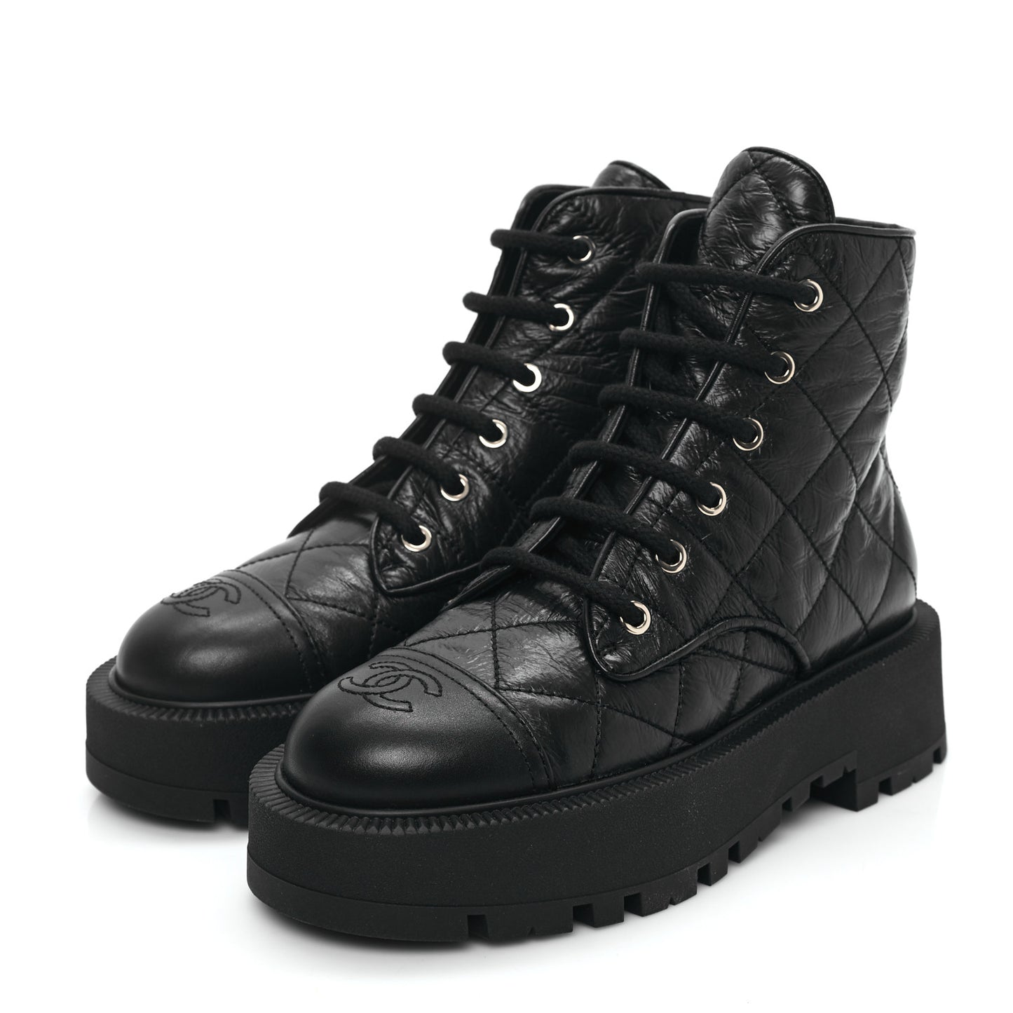 Crumpled Lambskin Quilted Platform Lace Up Combat Boots 36 Black