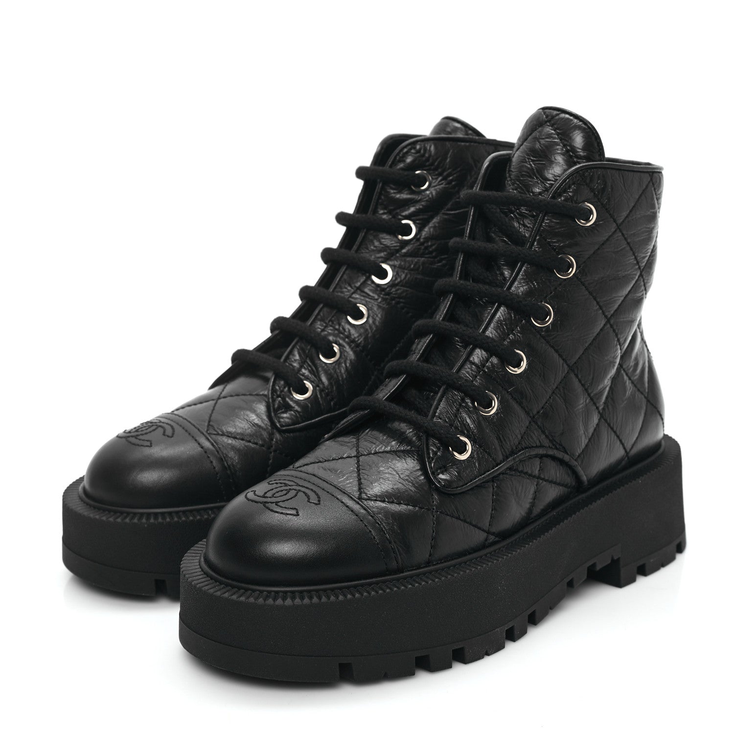 Chanel Crumpled Lambskin Quilted Platform Lace Up Combat Boots 36 Black 3 of 8