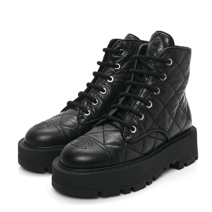 Chanel Crumpled Lambskin Quilted Platform Lace Up Combat Boots 36 Black 3 of 8