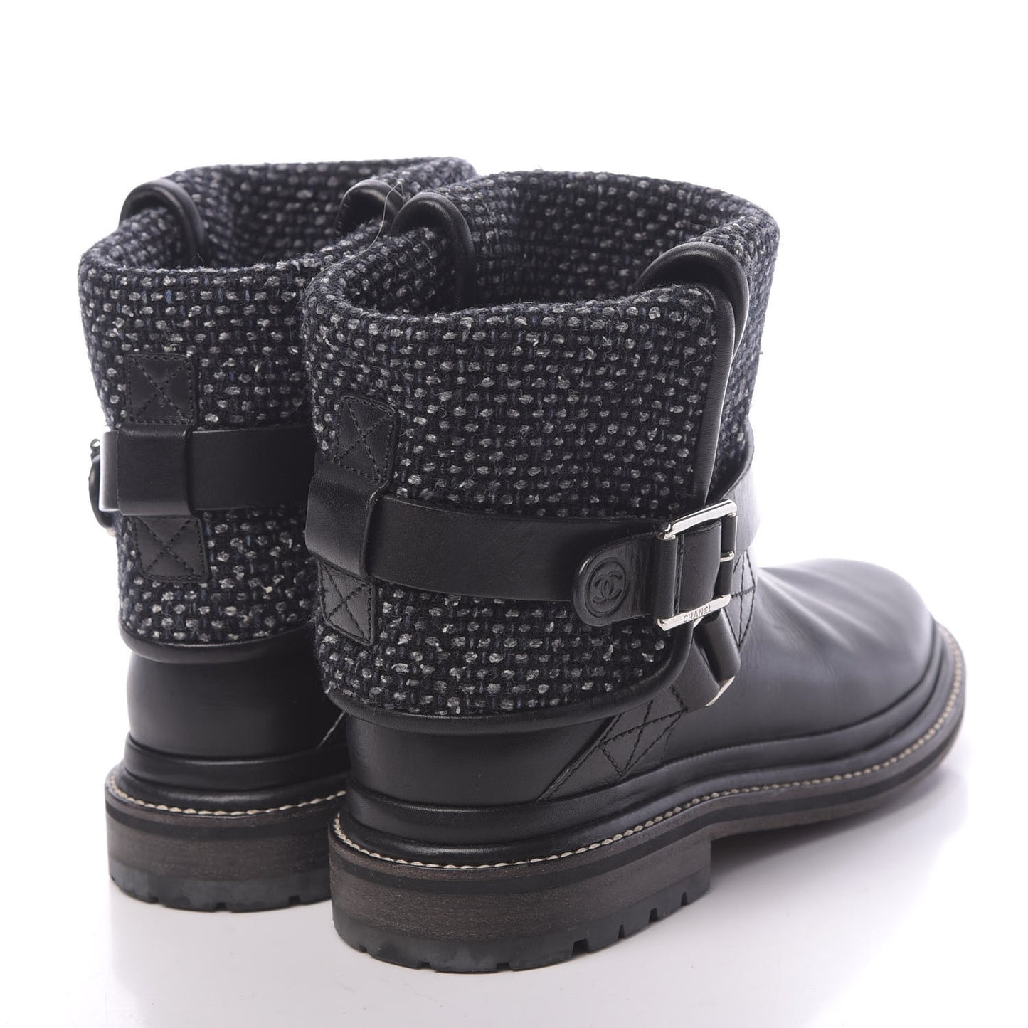 Tweed Calfskin CC Short Boots 36.5 Grey Navy Black