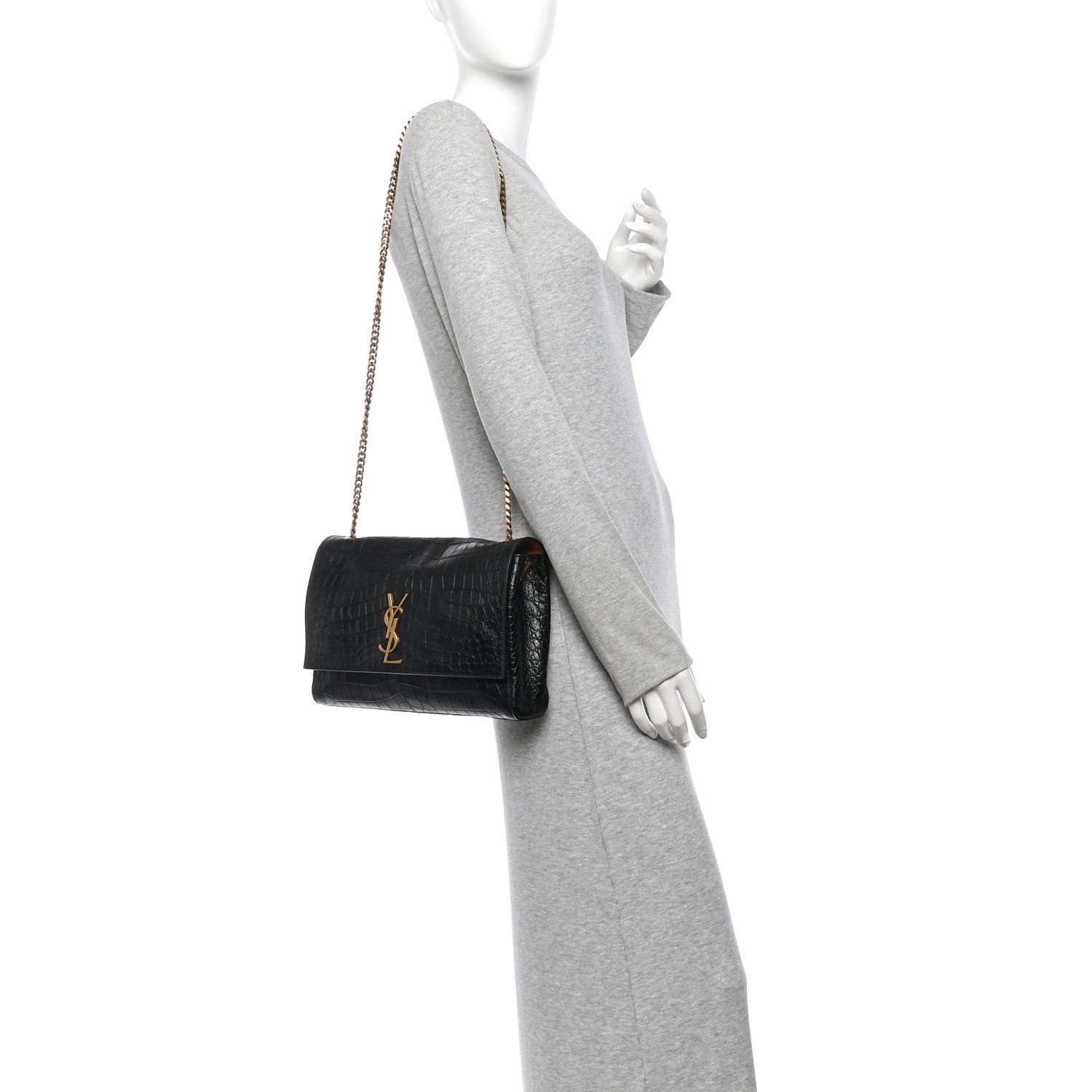 Saint Laurent Calfskin Crocodile Embossed Suede Medium Reversible Monogram Kate Satchel Military Taupe 2 of 10