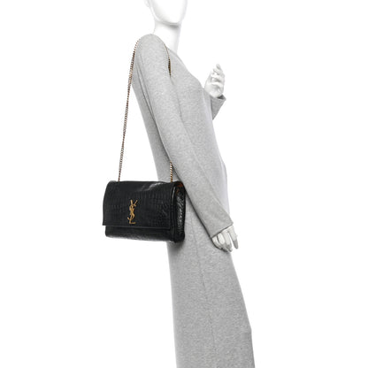 Saint Laurent Calfskin Crocodile Embossed Suede Medium Reversible Monogram Kate Satchel Military Taupe 2 of 10