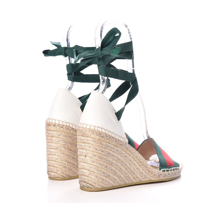 Gucci Canvas Malaga Kid Web Ankle Wrap Espadrille Wedge Sandals 38.5 Green Red Mystic White Emerald 4 of 9