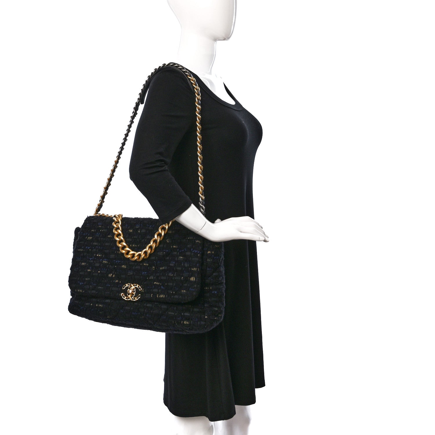 Chanel Tweed Quilted Maxi Chanel 19 Flap Black Navy Gold 2 of 9