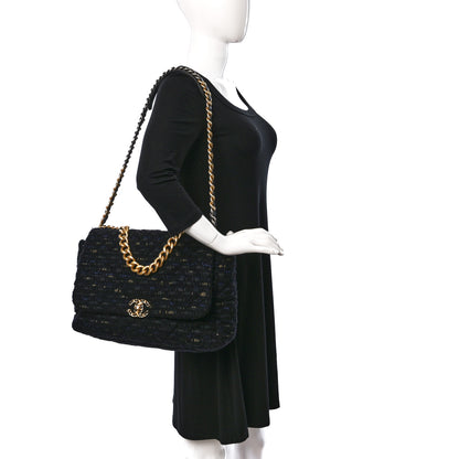 Chanel Tweed Quilted Maxi Chanel 19 Flap Black Navy Gold 2 of 9