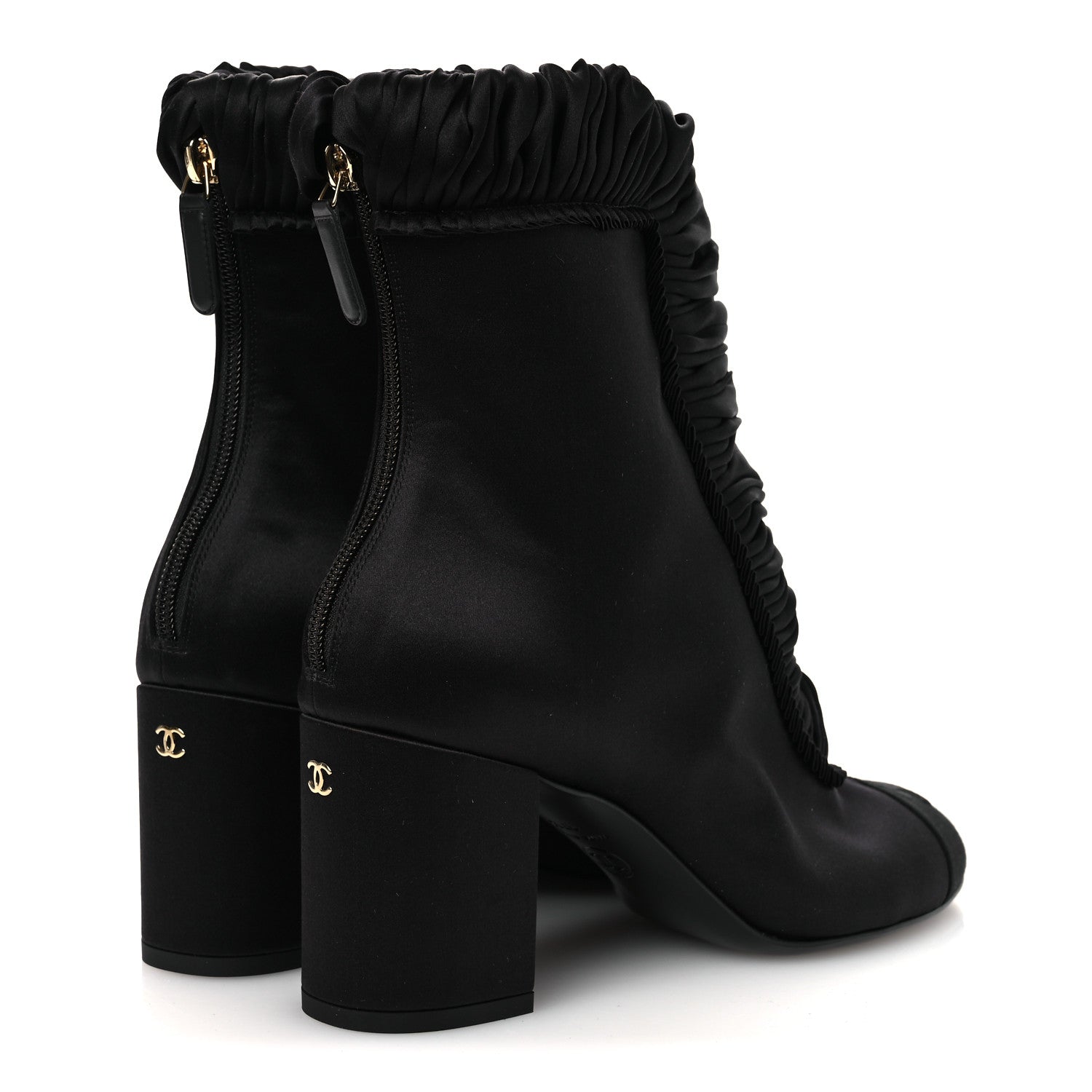 Chanel Satin Grosgrain Cap Toe Ruffle Boots Black 37.5 Black 5 of 10