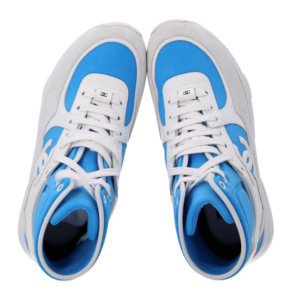 Chanel Suede Calfskin Lambskin High Top CC Sneakers 37.5 White Blue 2 of 11