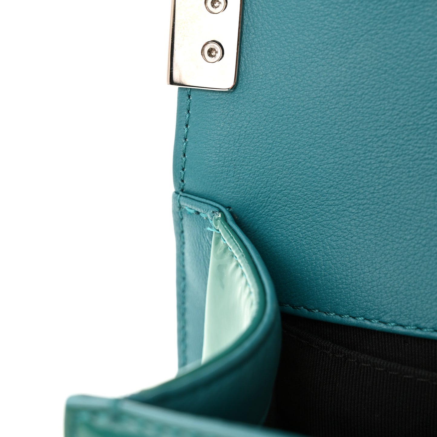 Patent Calfskin Quilted Small Plexiglass Boy Flap Blue