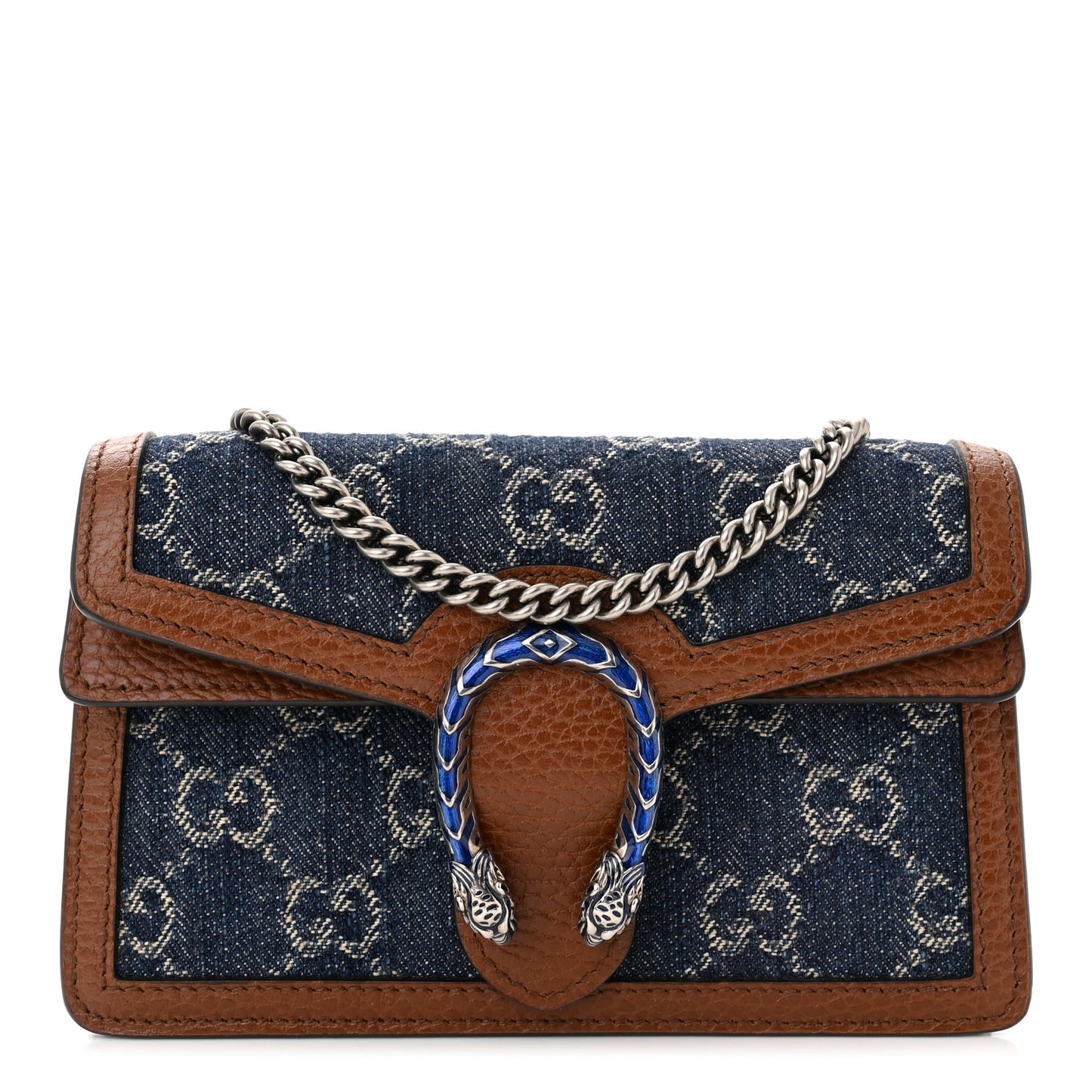 New Denim GG Monogram Dollar Calfskin Enamel Super Mini Dionysus Shoulder Bag Blue Tea Cuir Epilog Electric Blue