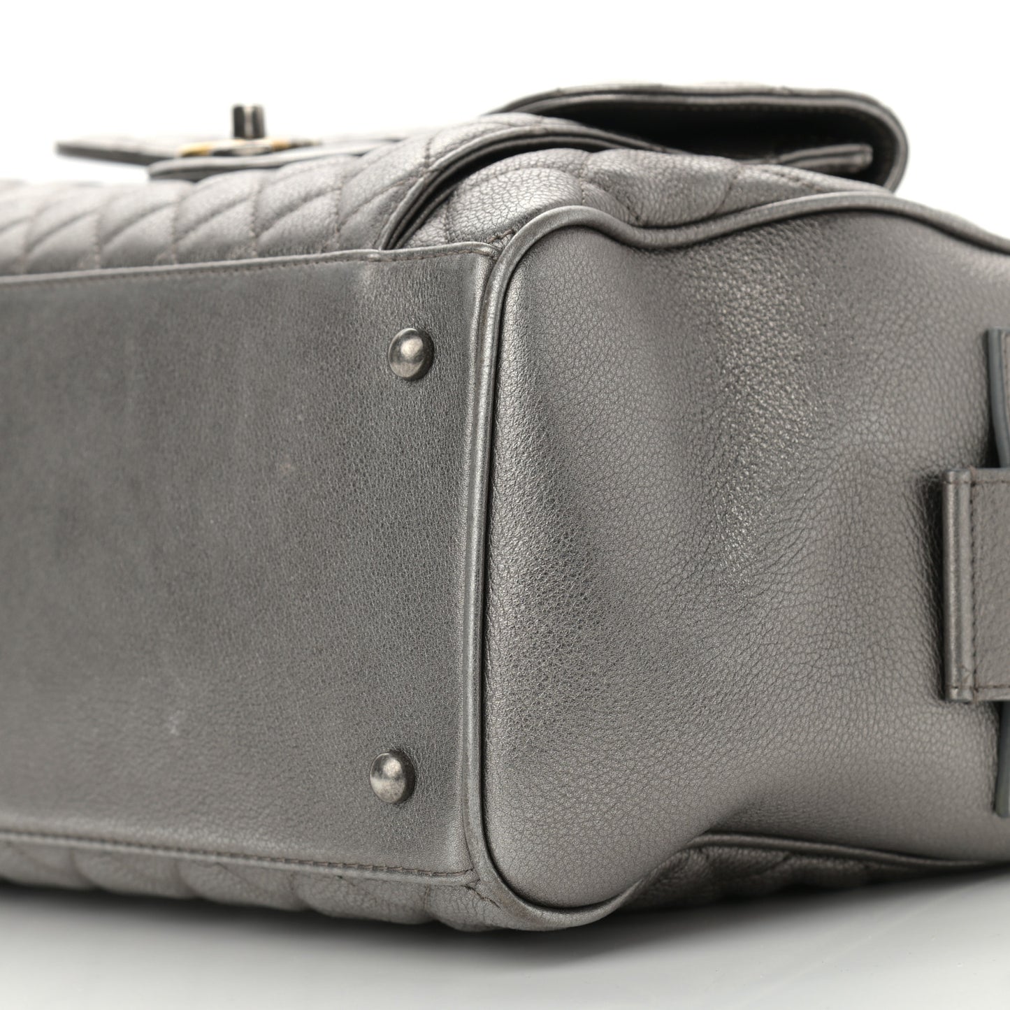 Metallic Grained Calfskin Quilted Large Casual Pocket Bowling Bag Silver