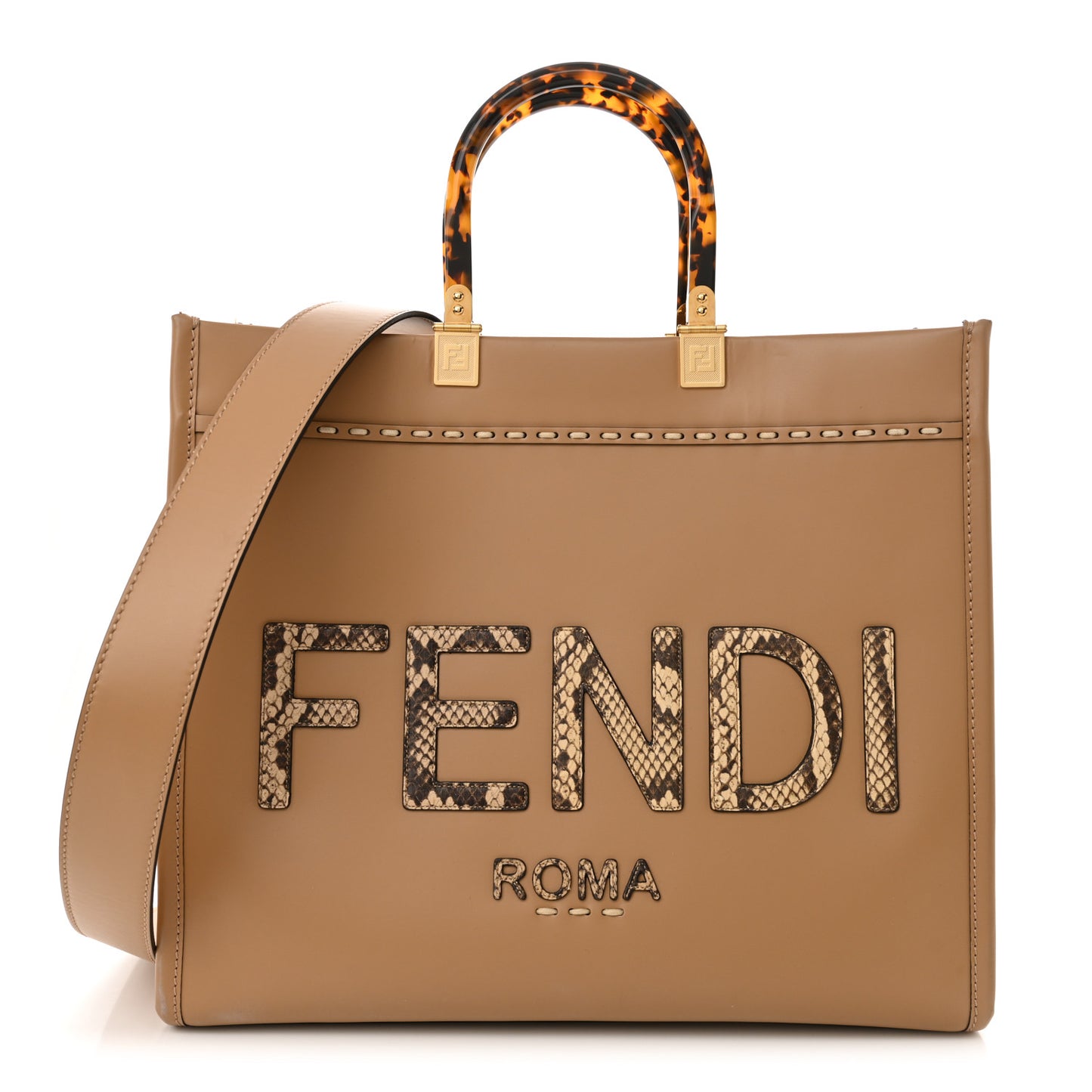 Vitello King Plexiglass Elaphe Python Print Logo Medium Fendi Sunshine Shopper Tote Miele Scuro Makeup
