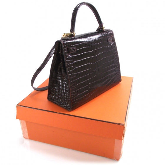 Vintage Porosus Crocodile Kelly 28 Bordeaux
