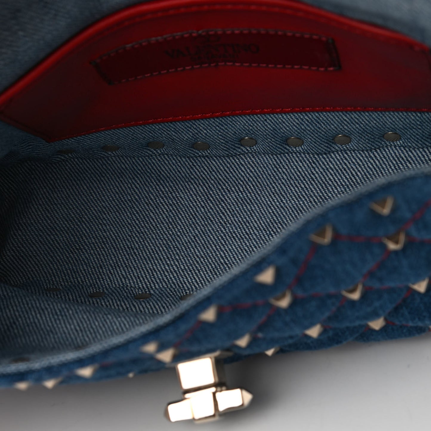 Denim Fringe Small Rockstud Spike Shoulder Bag Blue