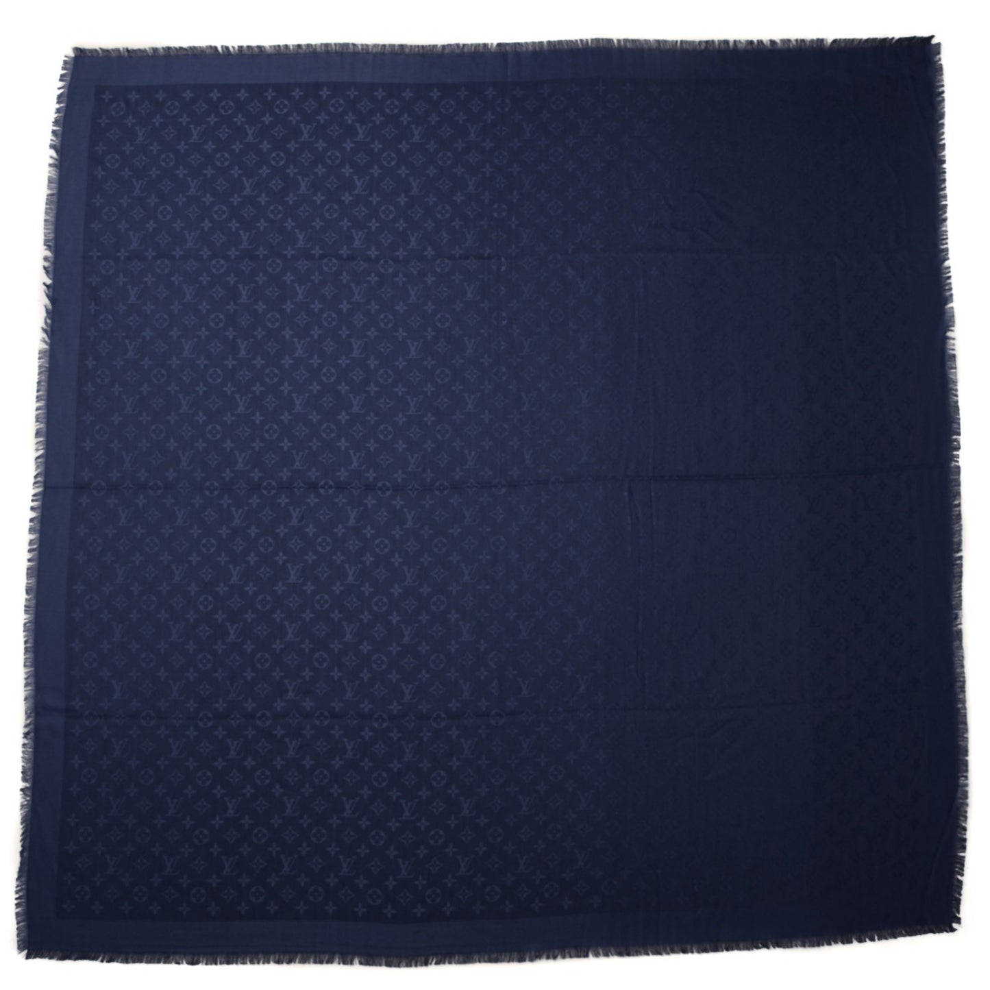 Wool Silk Monogram Shawl Blue Nuit