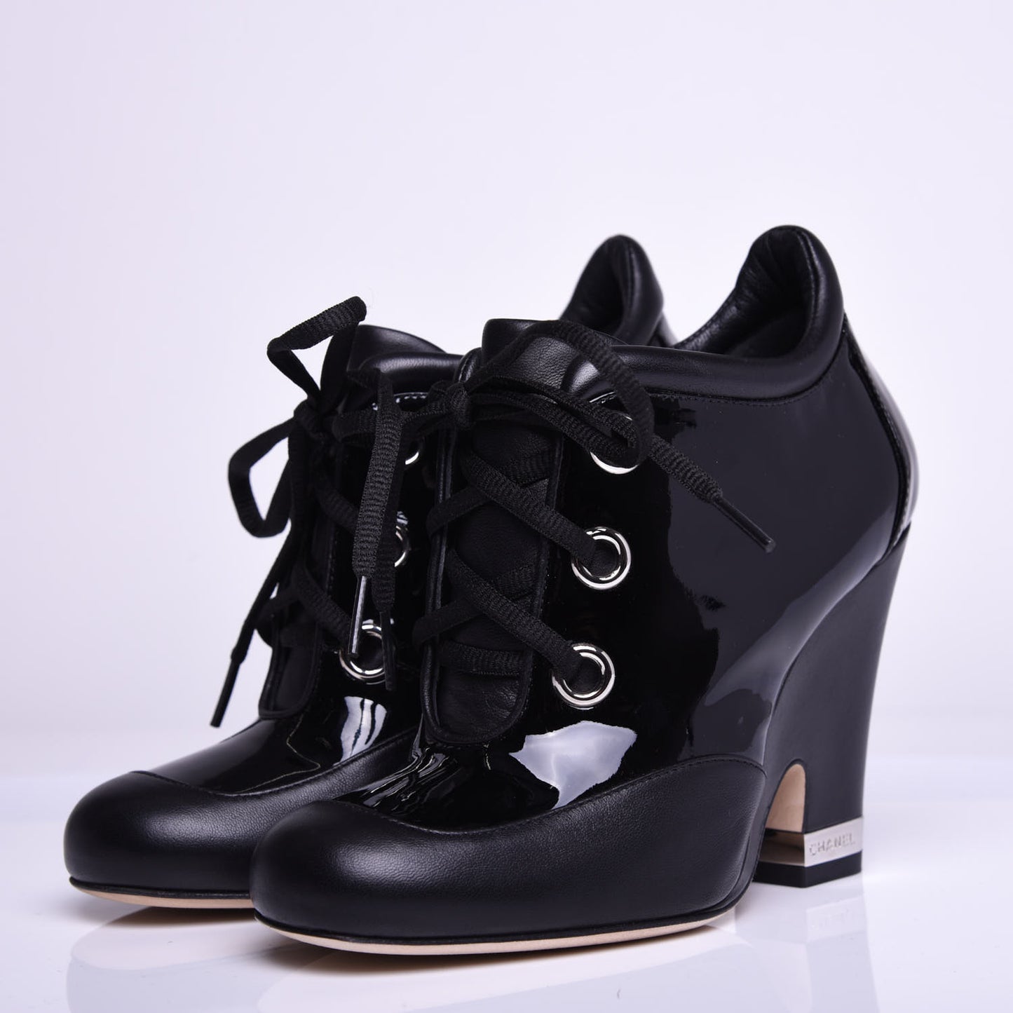 Patent Calfskin Lambskin Lace Up Wedge Short Boots 36.5 Black