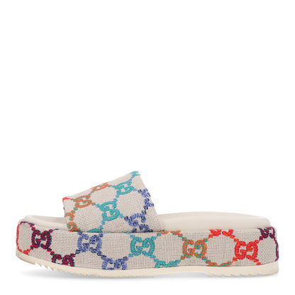Gucci Linen Psychedelic Mini GG Monogram Angelina Platform 55mm Slide Sandals 39 Multicolor 1 of 11