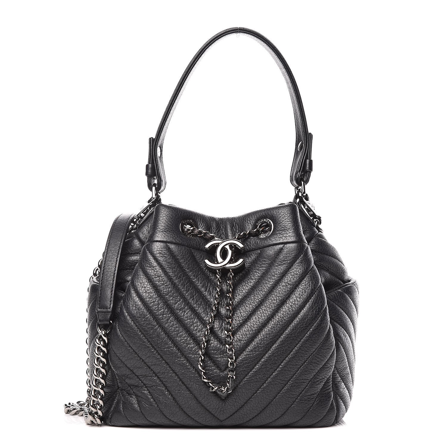 Chanel Deerskin Chevron Small CC Chain Bucket Drawstring Bag Black 1 of 9