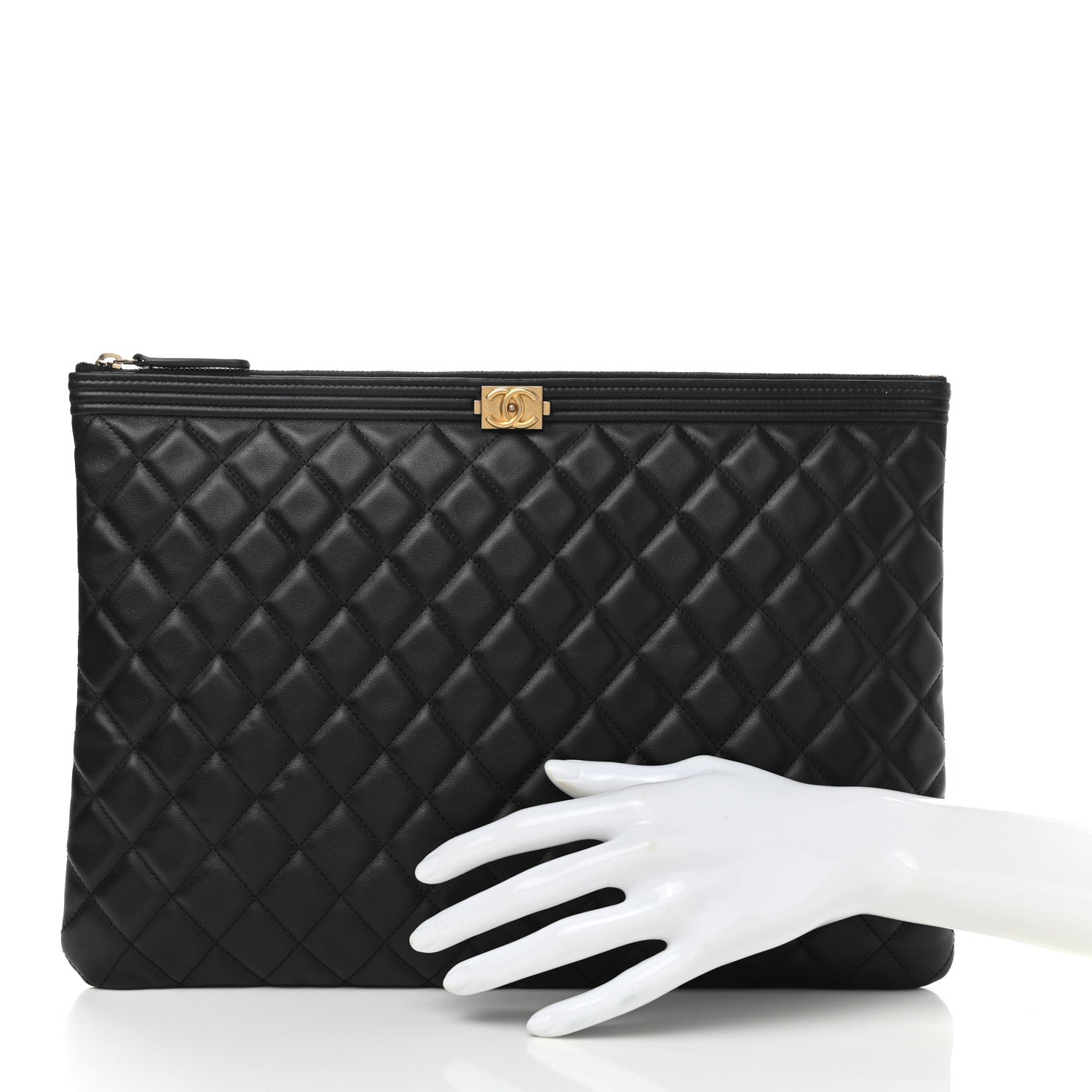 Chanel Lambskin Quilted Large Boy Zip Pouch Black 2 of 8