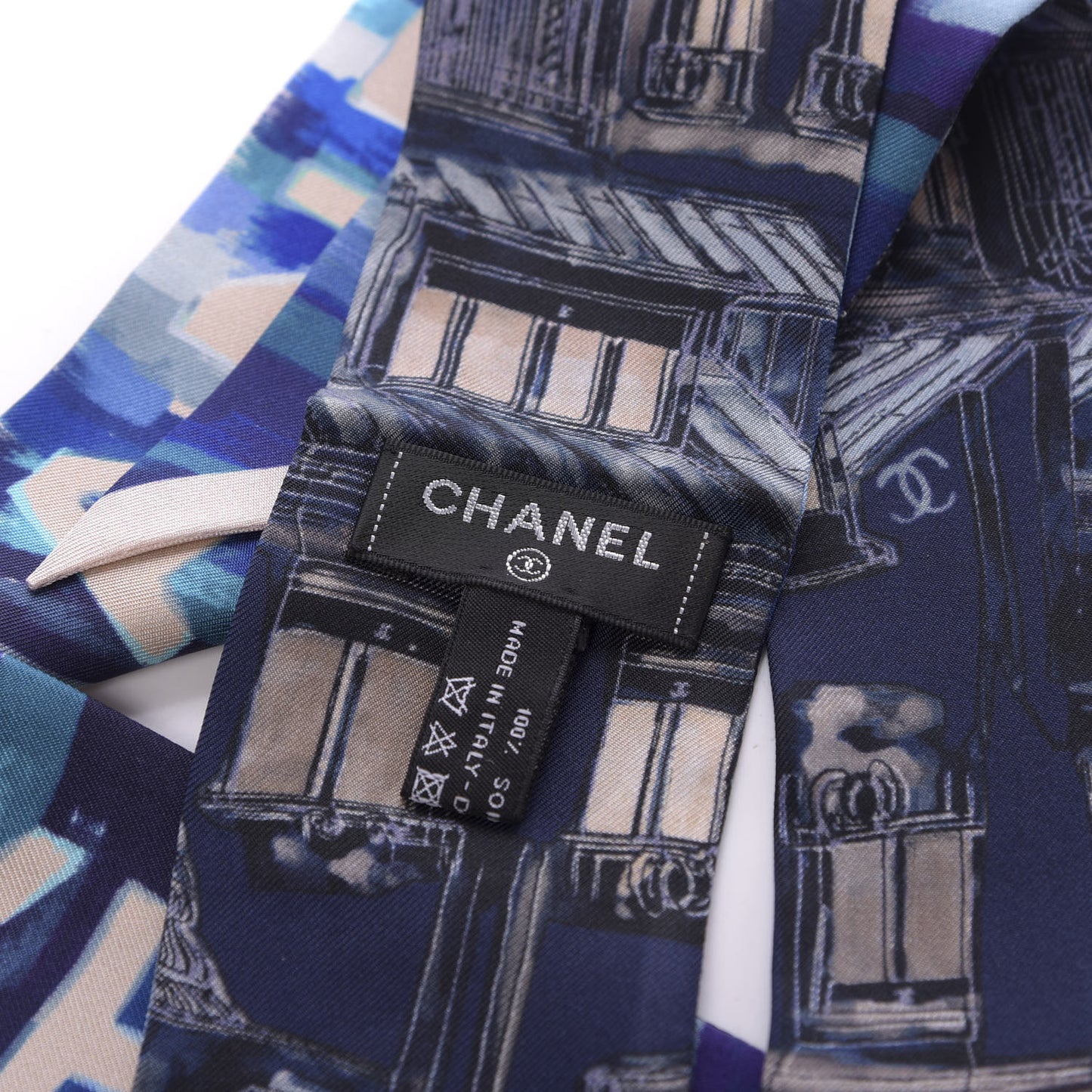 Silk Twill Slim Bandeau Scarf Blue White