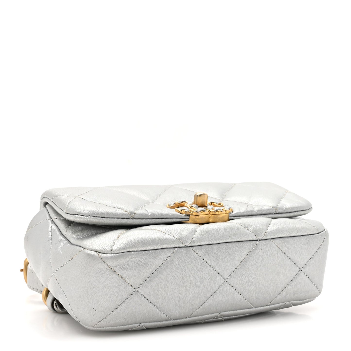 Metallic Goatskin Quilted Chanel 19 Waist Bag Silver