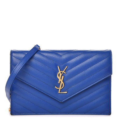 Saint Laurent Grain De Poudre Matelasse Chevron Monogram Envelope Chain Wallet Blue Majorelle 1 of 17