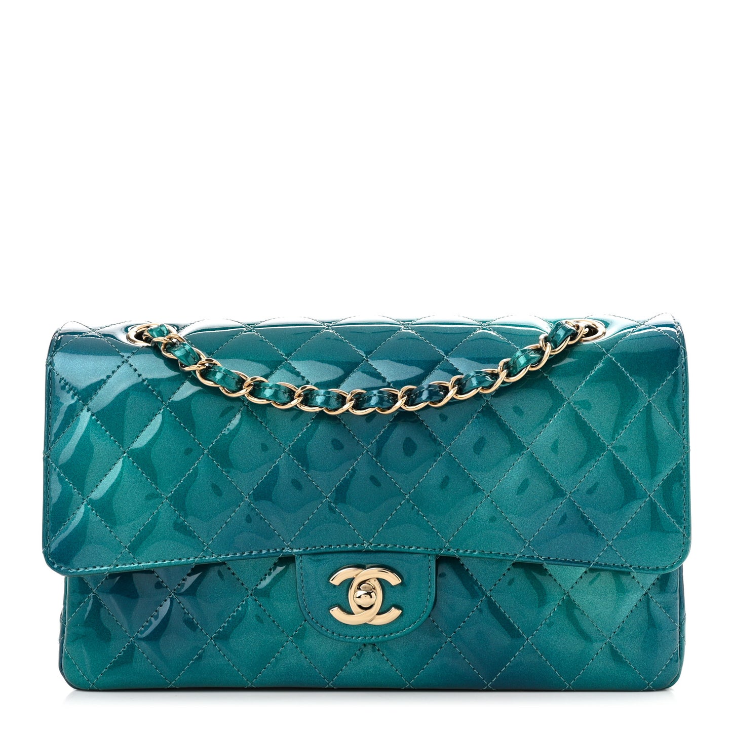 Shaded Patent Calfskin Quilted Medium Double Flap Green Blue