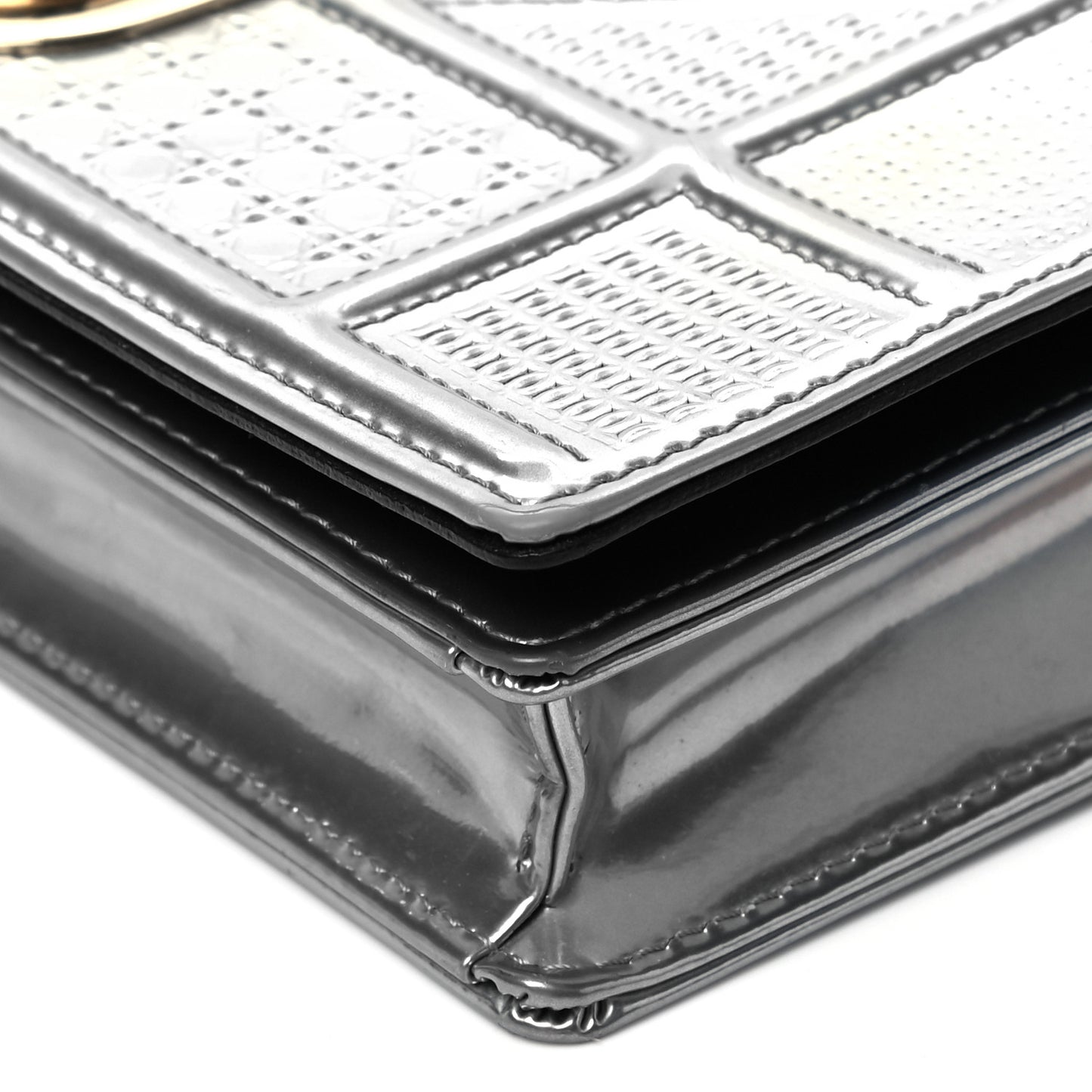 Metallic Patent Micro-Cannage Diorama Wallet on Chain Pouch Silver