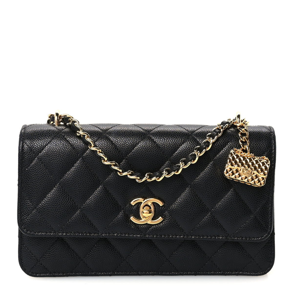 Shiny Caviar Quilted Flap Charm Wallet On Chain WOC Black