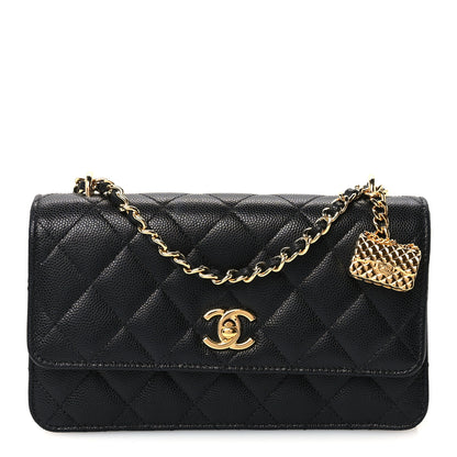 Chanel Shiny Caviar Quilted Flap Charm Wallet On Chain WOC Black 1 of 12