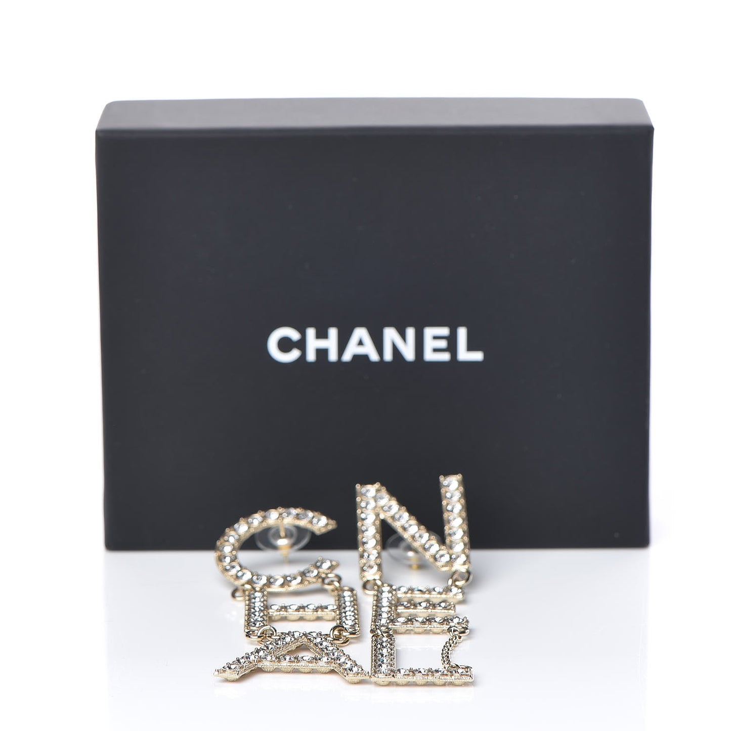 Crystal Cha-Nel Logo Drop Earrings Gold