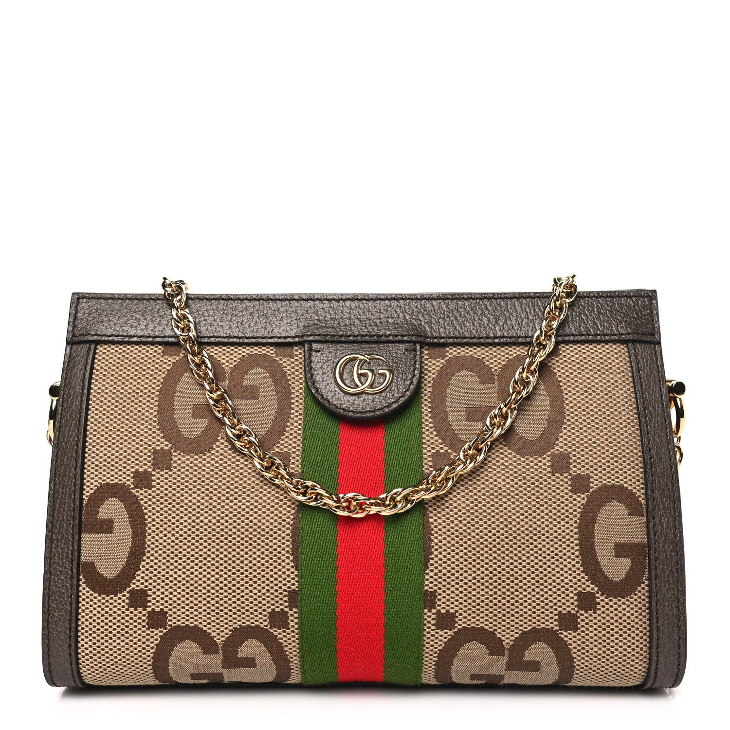 Gucci Monogram Jumbo GG Textured Dollar Calfskin Web Small Ophidia Chain Shoulder Bag Camel Ebony New Acero 1 of 10