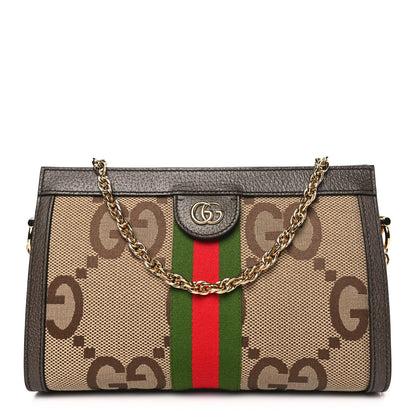 Gucci Monogram Jumbo GG Textured Dollar Calfskin Web Small Ophidia Chain Shoulder Bag Camel Ebony New Acero 1 of 10