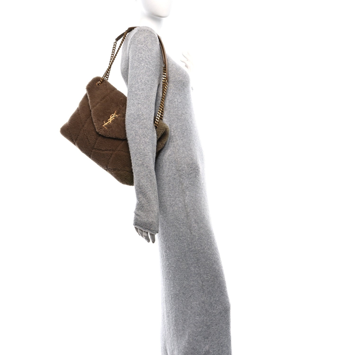 Saint Laurent Shearling Quilted Medium Loulou Puffer Monogram Chain Satchel Natural Brown 2 of 11