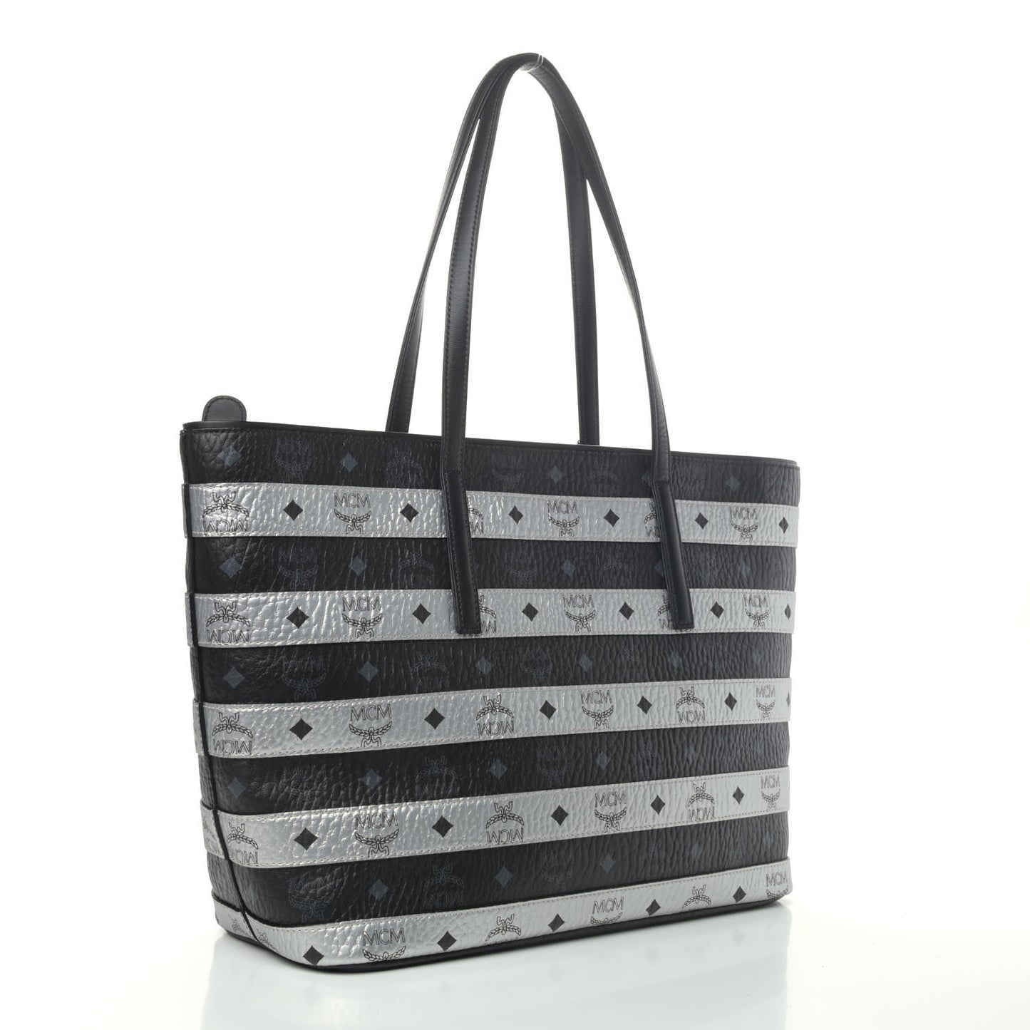 Metallic Visetos Striped Medium Anya Shopper Tote Black Silver