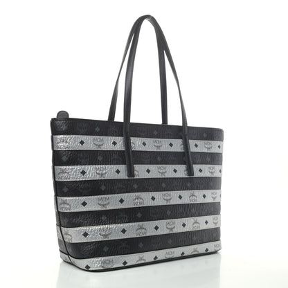 MCM Metallic Visetos Striped Medium Anya Shopper Tote Black Silver 2 of 4
