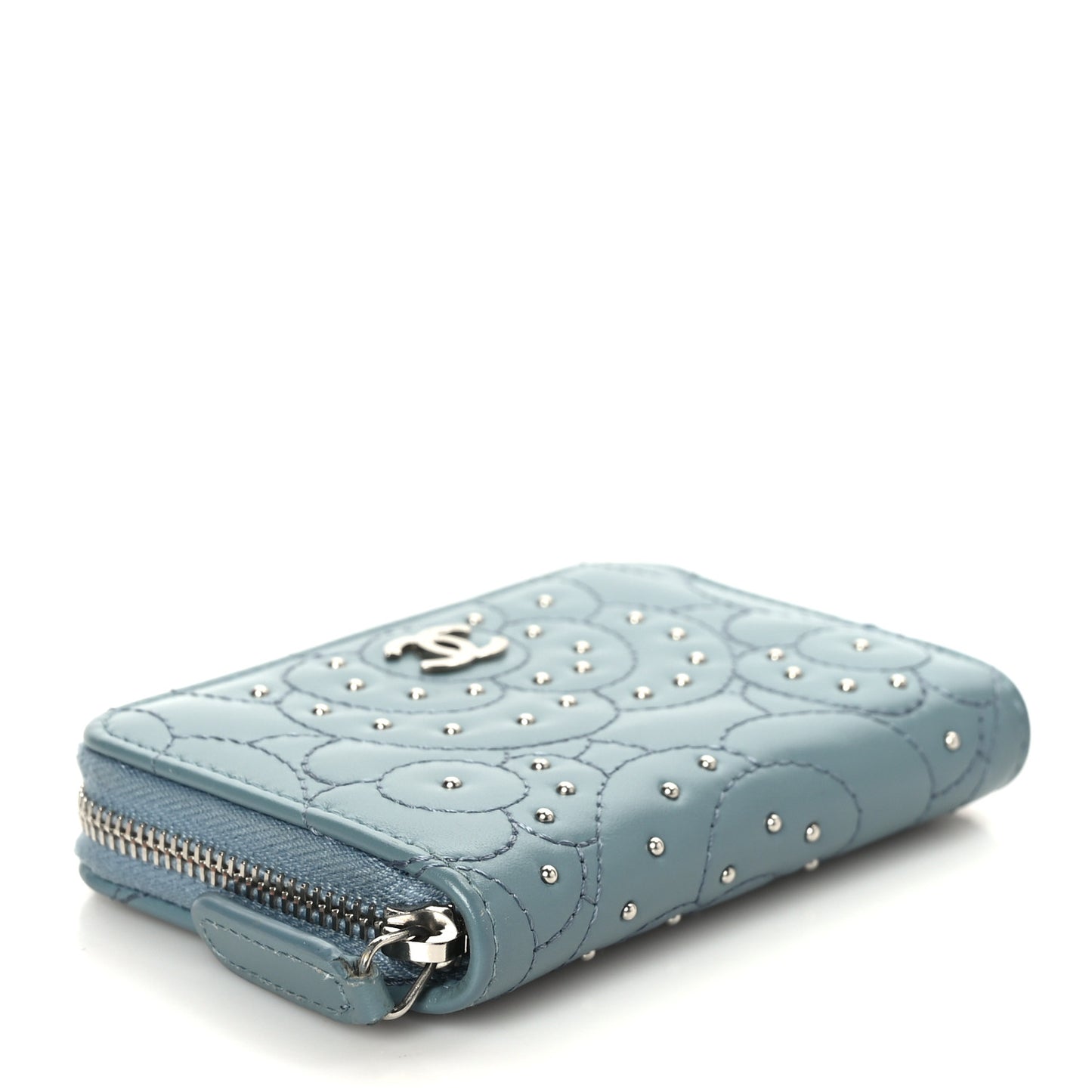 Lambskin Camellia Embossed Studded Zip Coin Purse Blue