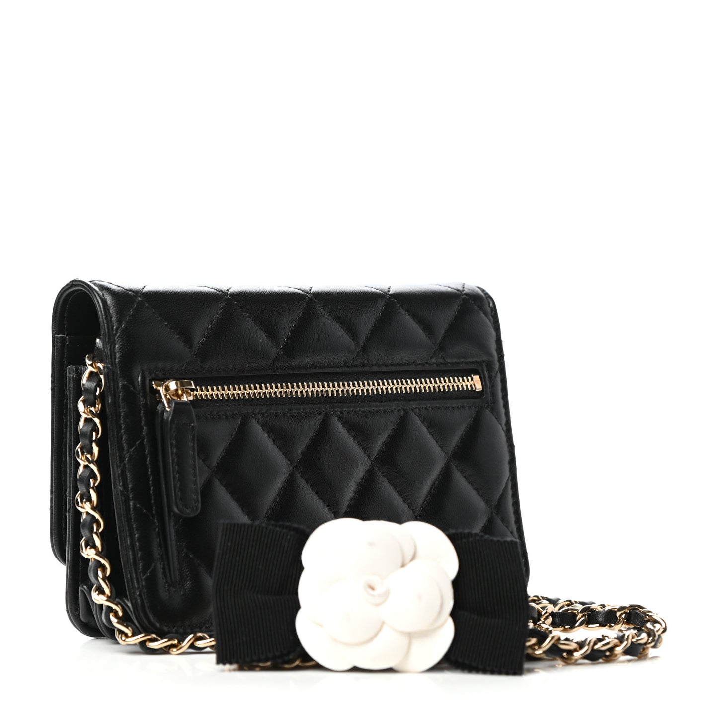 Lambskin Quilted Mini Camellia Bow Wallet On Chain WOC Black