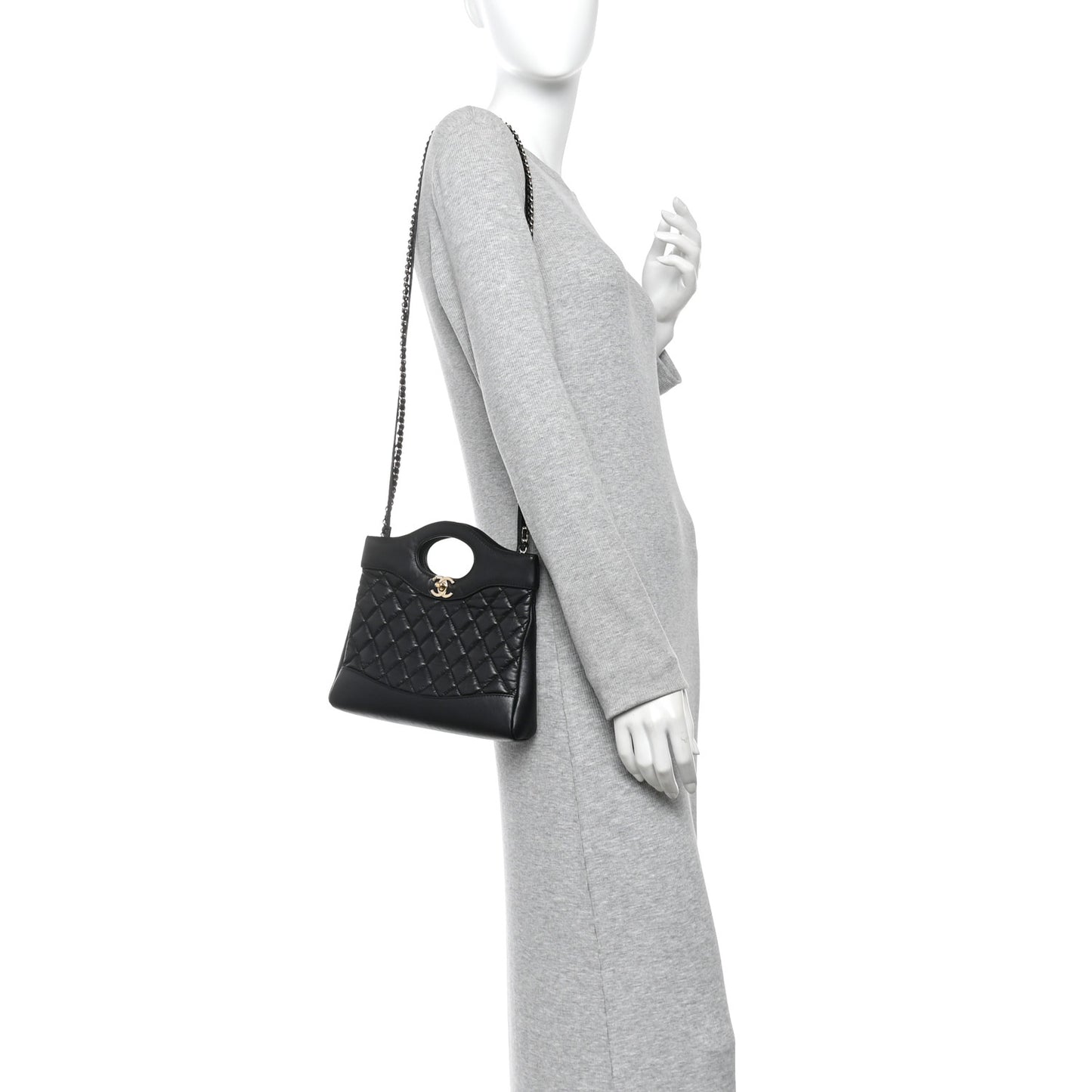 Shiny Crumpled Calfskin Quilted Mini 31 Shopping Bag Black