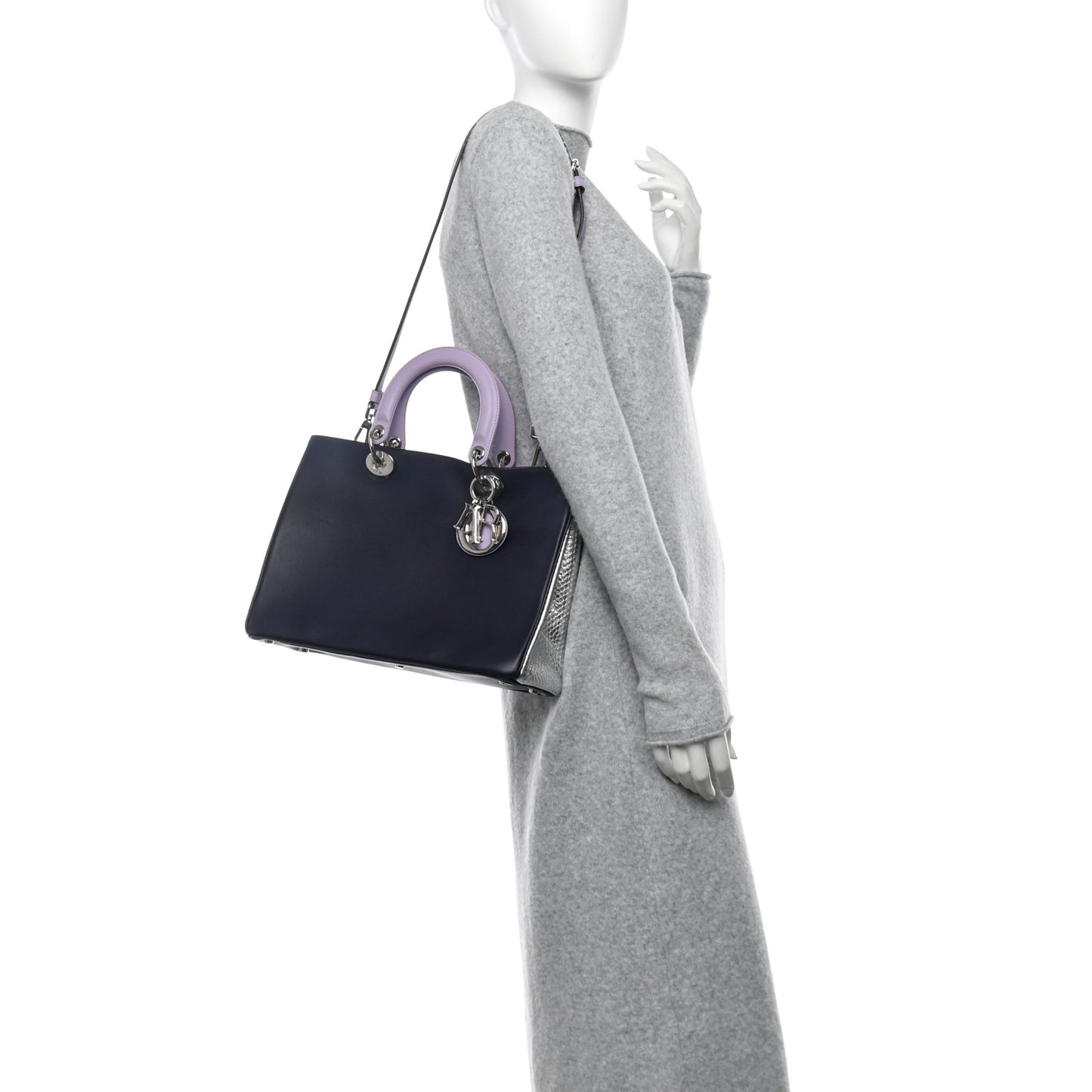 Calfskin Snakeskin Medium Diorissimo Tote Navy Purple Silver