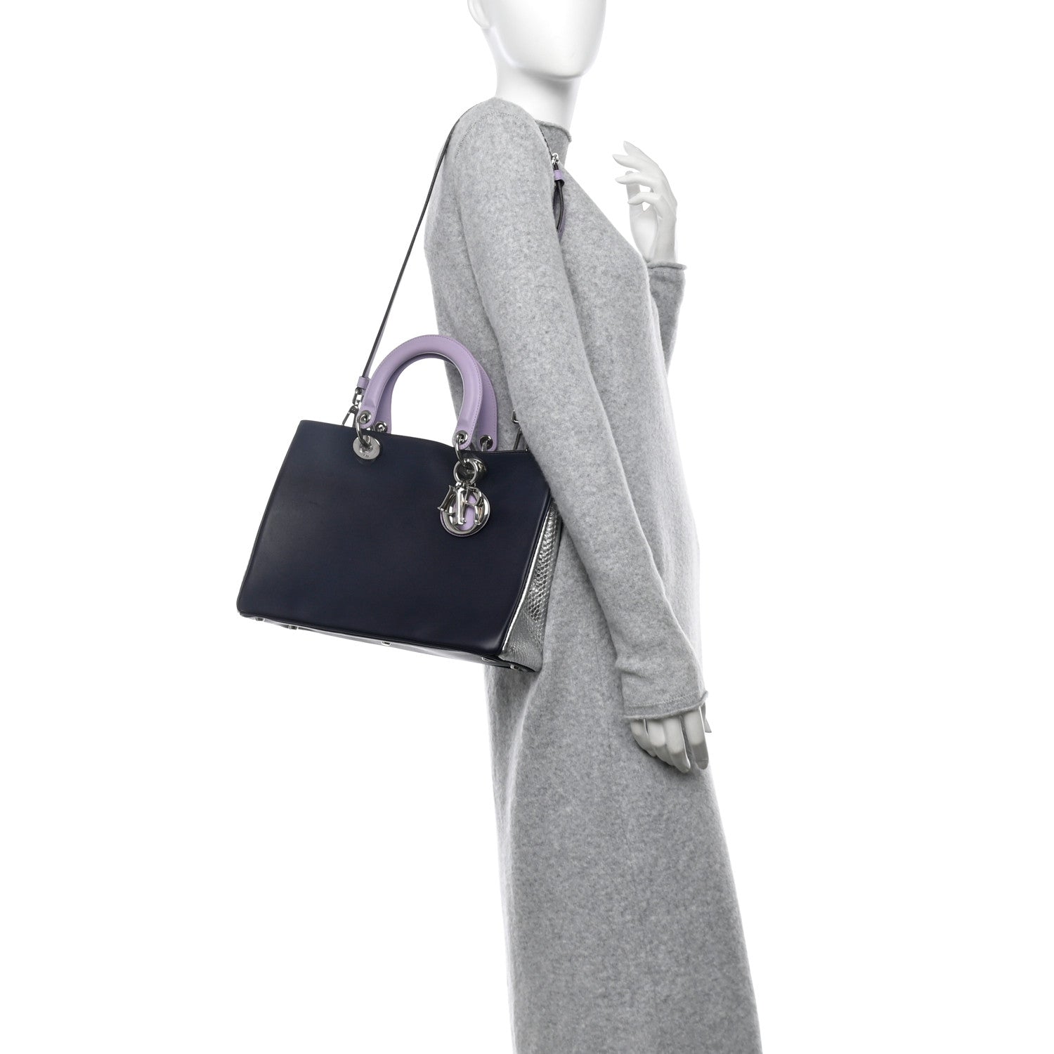 Christian Dior Calfskin Snakeskin Medium Diorissimo Tote Navy Purple Silver 2 of 12