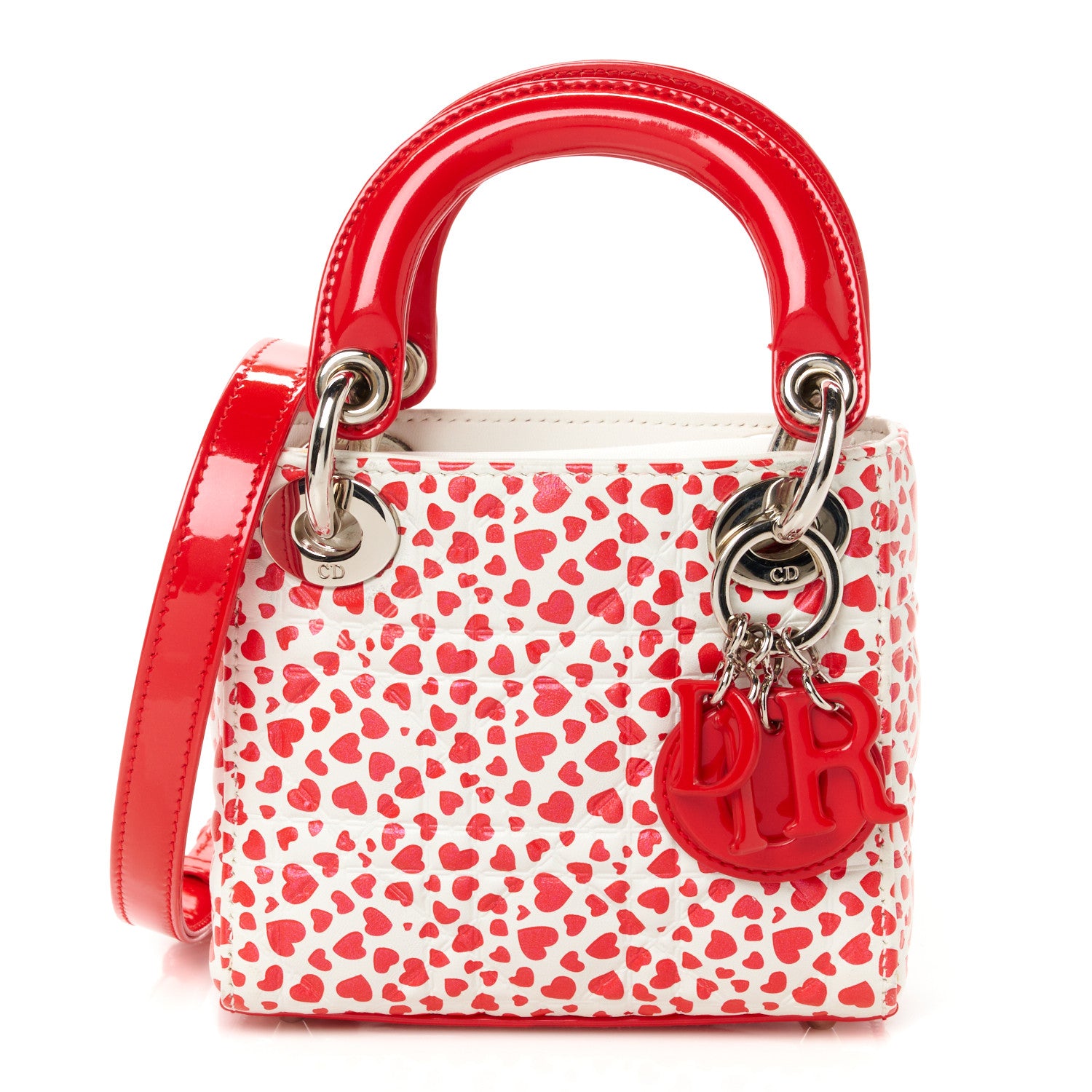 Christian Dior Lambskin Patent Heart Print Cannage Micro Lady Dior Dior Red White 1 of 9