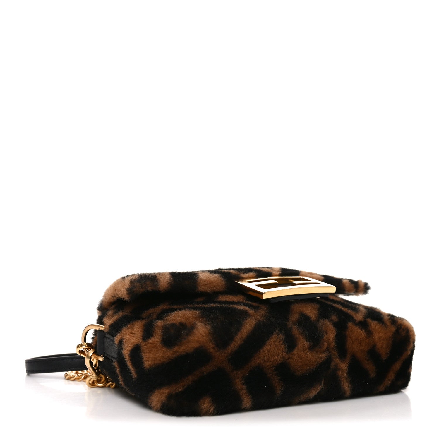 Fendi Shearling Vitello Dolce Macro FF 1974 Mini Baguette Tobacco Black 4 of 10