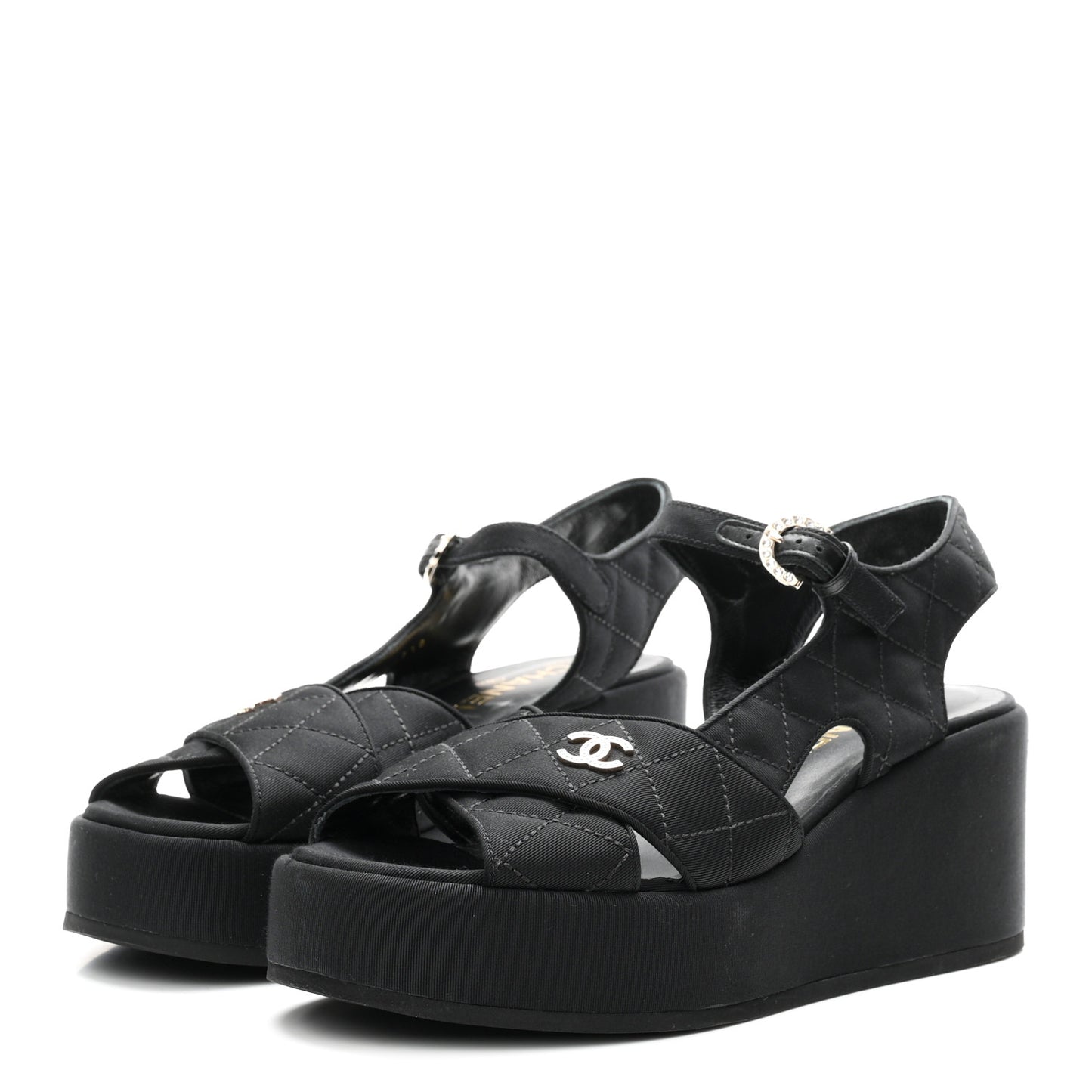 Grosgrain Quilted Crystal CC Platform Sandals 38.5 Black
