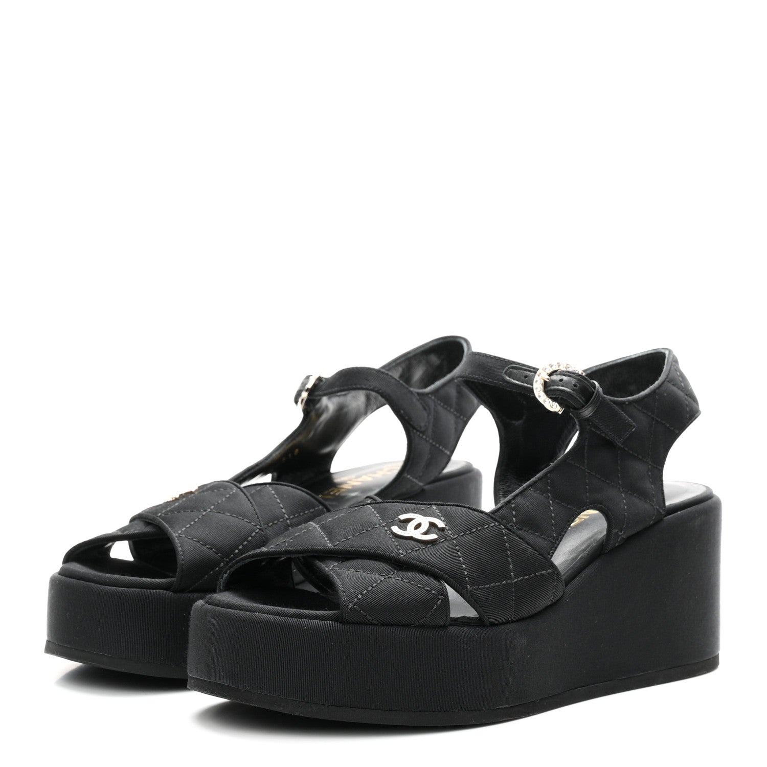 Chanel Grosgrain Quilted Crystal CC Platform Sandals 38.5 Black 4 of 9