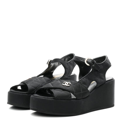 Chanel Grosgrain Quilted Crystal CC Platform Sandals 38.5 Black 4 of 9