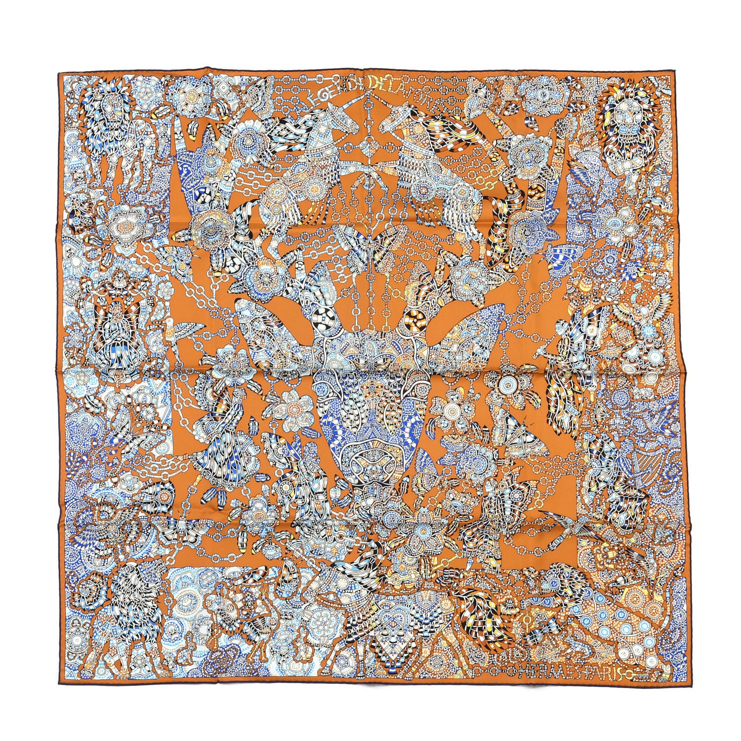 Hermes Silk La Legende de La Foret Scarf 90 Gold Bleu Black 1 of 4
